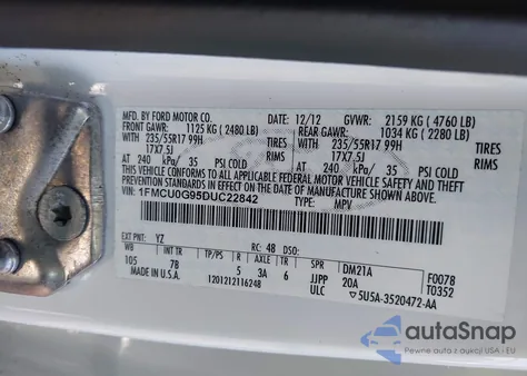 2013 Ford Escape Se из США, поврежденный, VIN 1FMCU0G95DUC22842